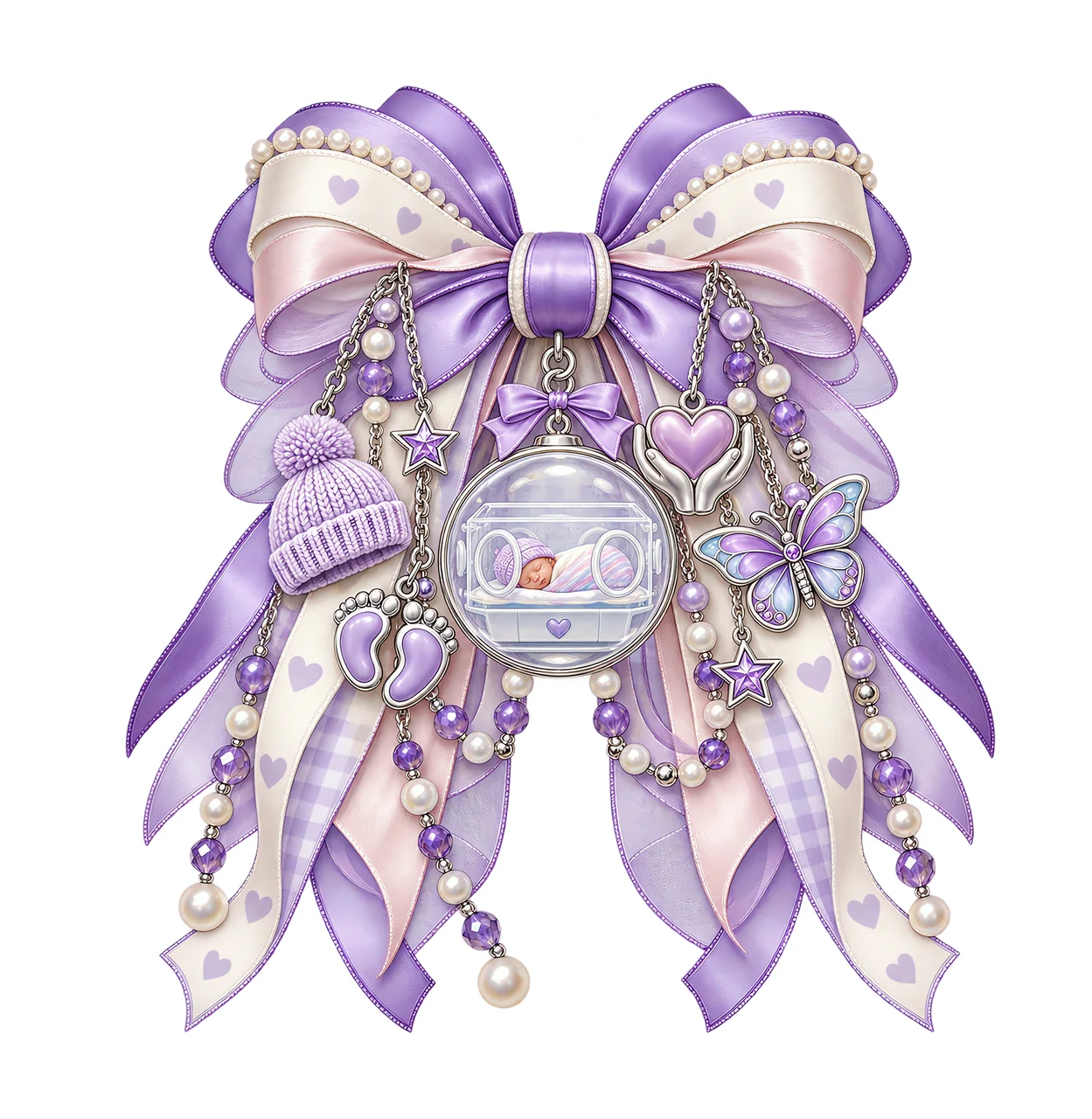 Prematurity Awareness PNG, Baby Incubator and Baby Footprints Coquette Bow, No Text Sublimation Clipart, Transparent Digital Download