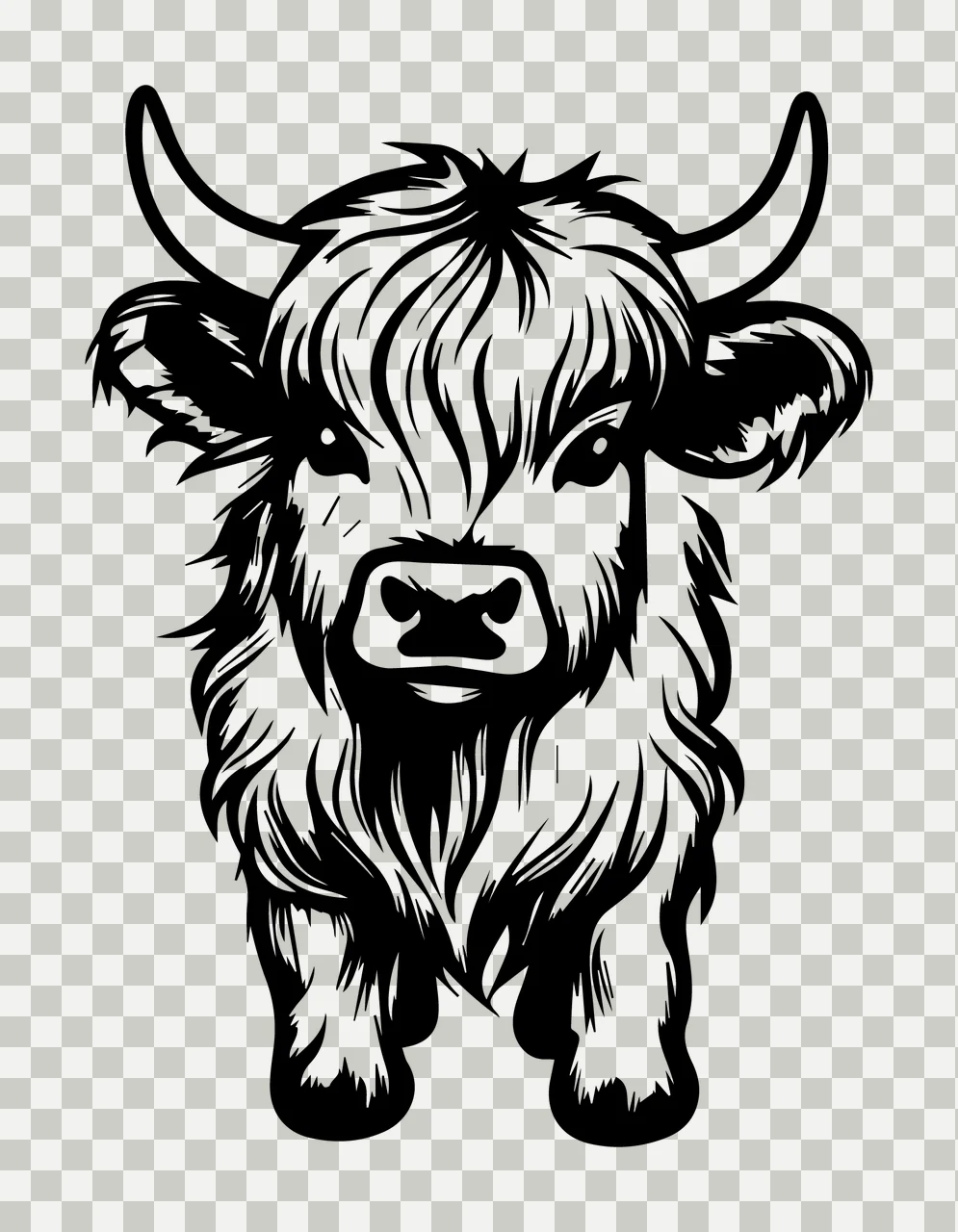 Cow Highland Portrait Black White Illustration standing horns transparency and detail preview thumbnail