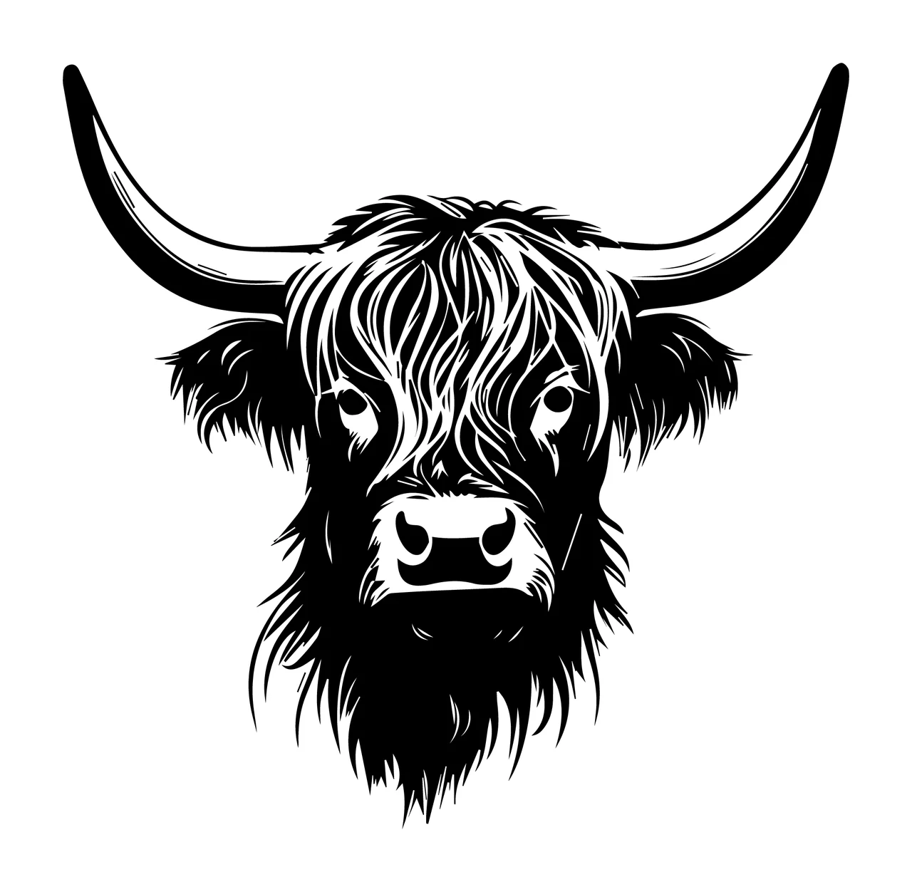 Highland Cattle Head Monochrome Graphic horns hair ears line art