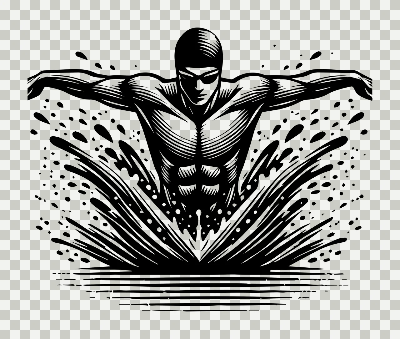 Swimming Swimmer Breaking Water Surface Line Art splashes cap transparency and detail preview thumbnail