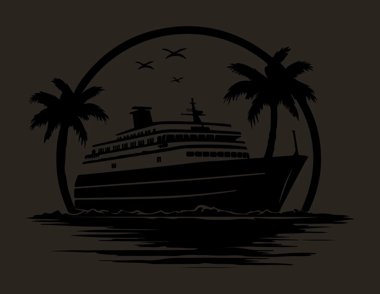 Cruise Ship Palm Trees Circular Frame and birds silhouette contrast preview thumbnail