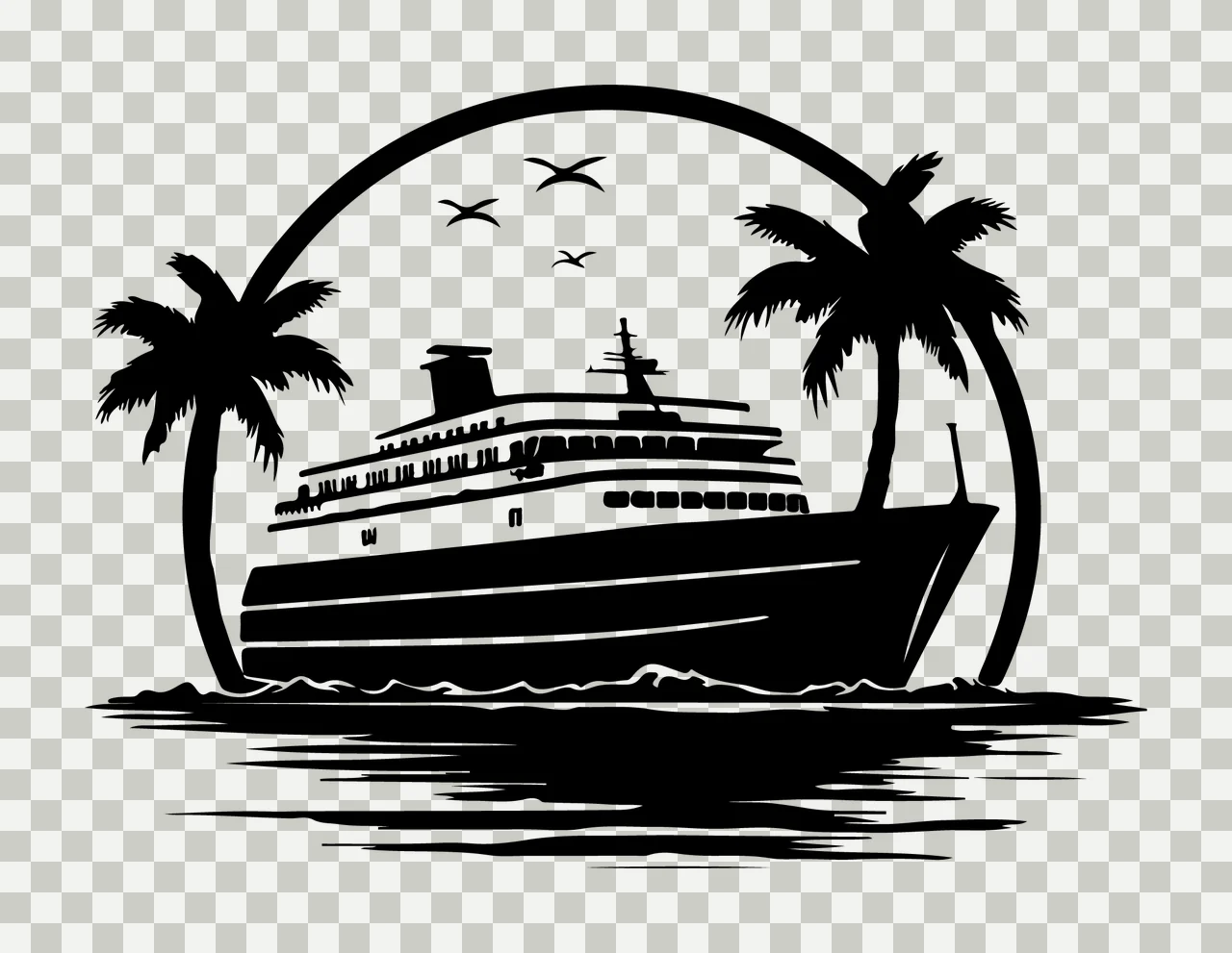 Cruise Ship Palm Trees Circular Frame and birds silhouette transparency and detail preview thumbnail