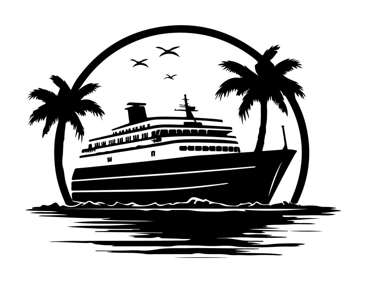 Cruise Ship Palm Trees Circular Frame and birds silhouette