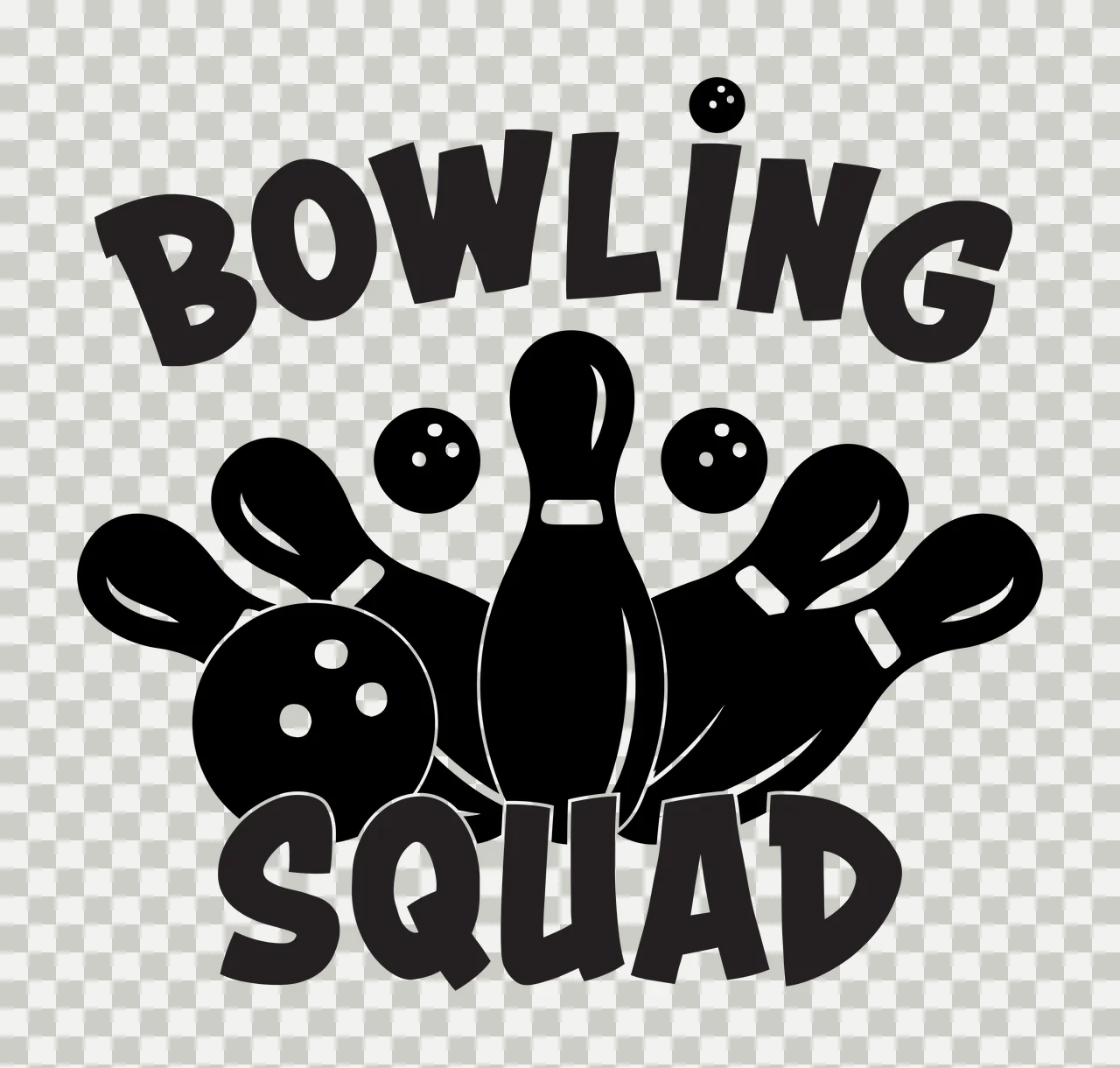 Bowling Squad With Pins And Ball black white sports typography transparency and detail preview thumbnail