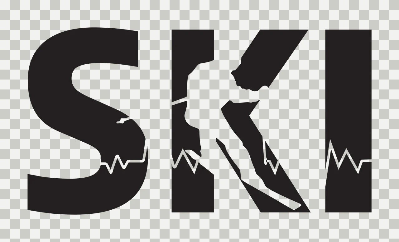 SKI Typography Design with black S letter, white skier silhouette, white ECG line and white ski pole transparency and detail preview thumbnail