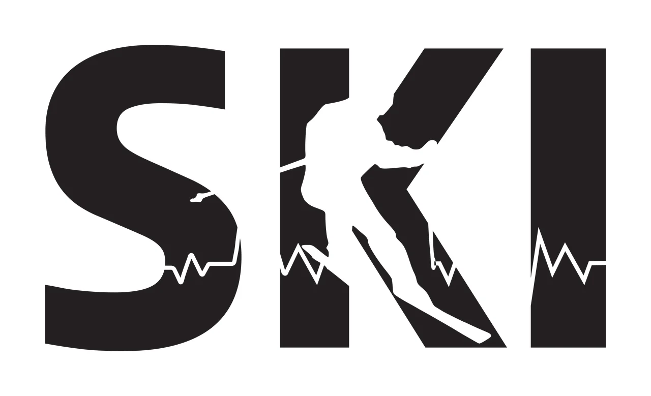 SKI Typography Design with black S letter, white skier silhouette, white ECG line and white ski pole