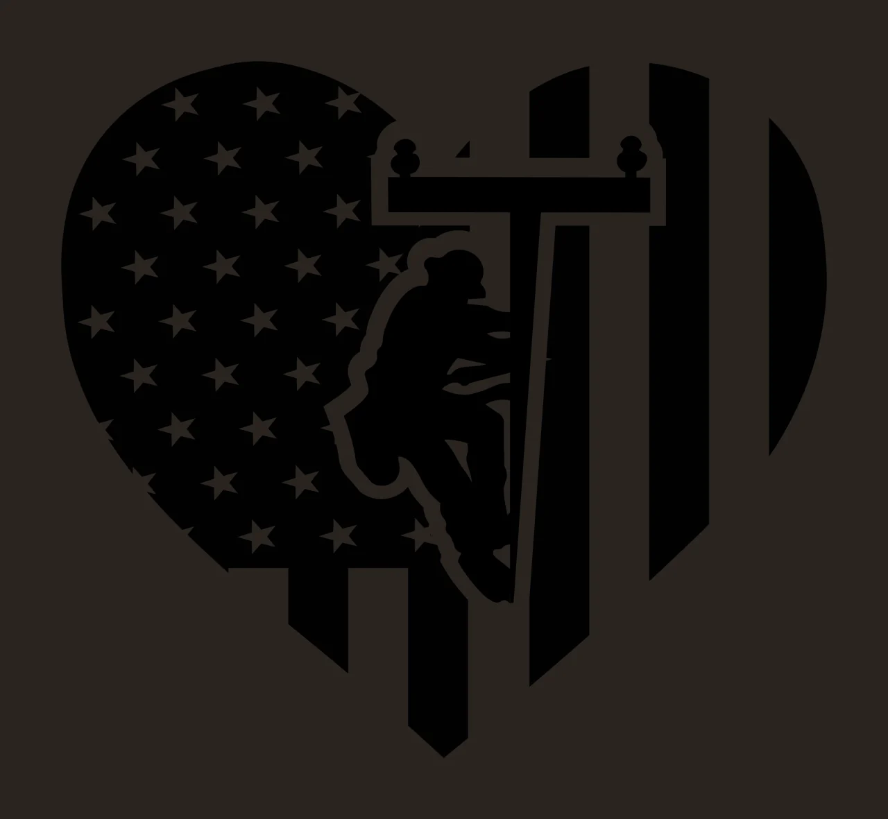 Lineman silhouette inside an American flag heart Illustration with heart shape, American flag stars and stripes, utility pole and crossarm in black and white contrast preview thumbnail