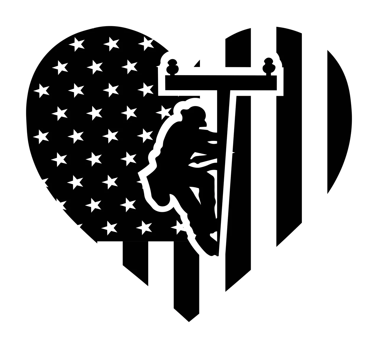 Lineman silhouette inside an American flag heart Illustration with heart shape, American flag stars and stripes, utility pole and crossarm in black and white
