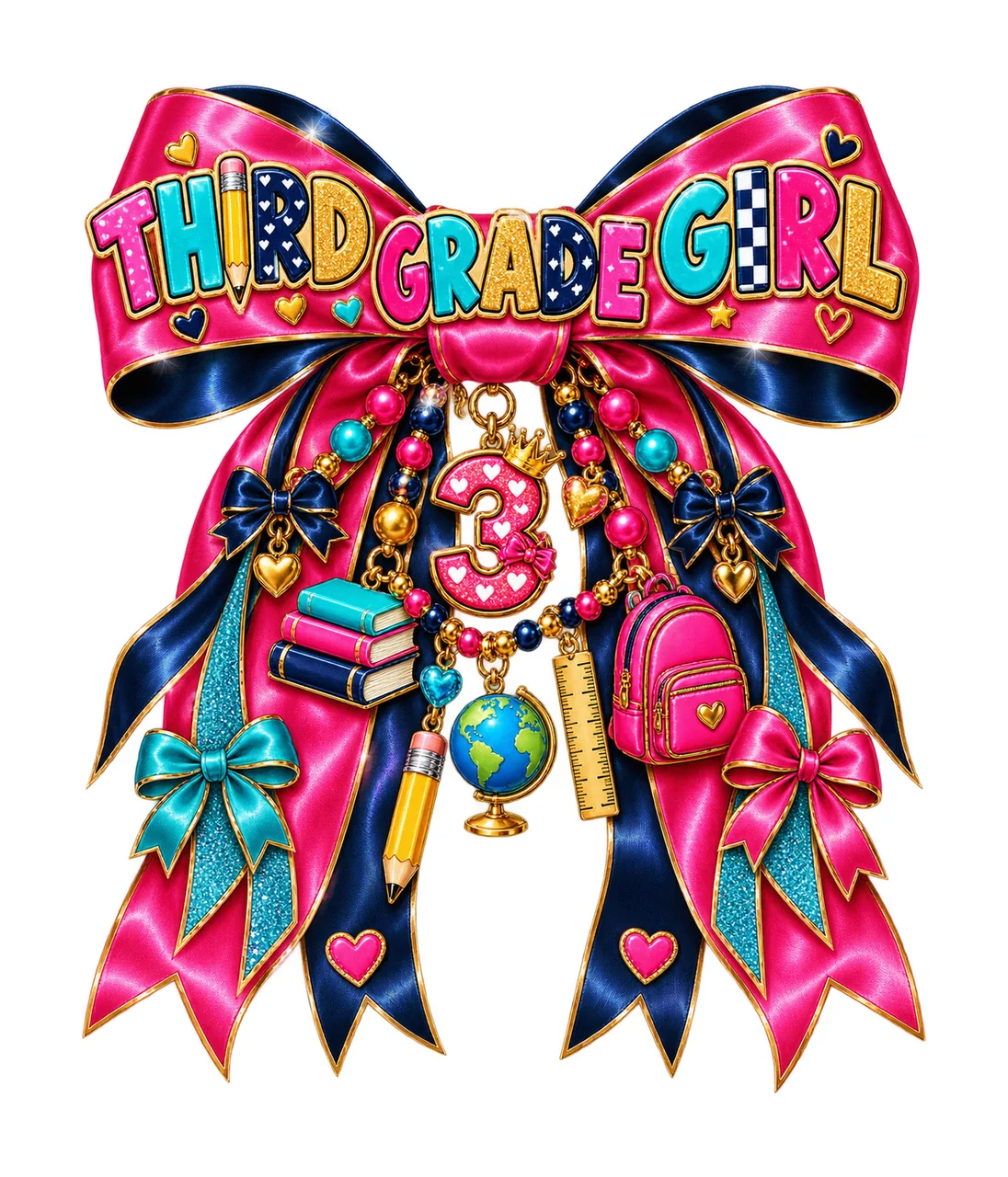 Third Grade Girl Bow Charm PNG, Coquette Ribbon Sublimation, Transparent Digital Download