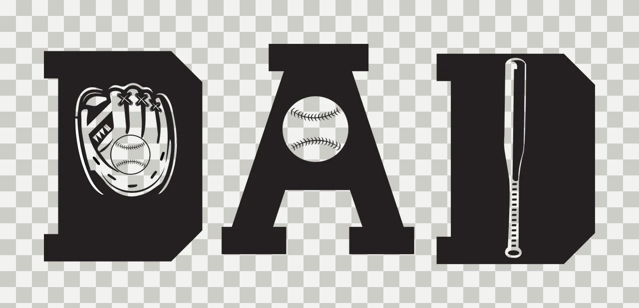 Baseball Dad Bold Typography Design with Baseball Glove Ball and Bat Silhouettes Inside the Letters on Plain White Background transparency and detail preview thumbnail
