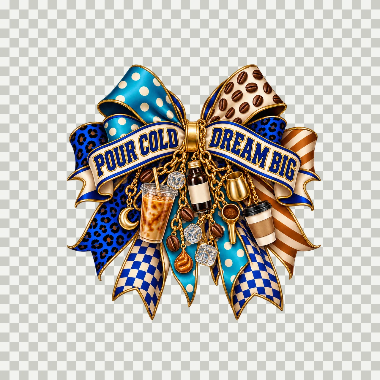 Pour Cold Dream Big Bow Charm PNG, Iced Coffee Quote Clipart, Transparent Sublimation Digital Download transparency and detail preview thumbnail