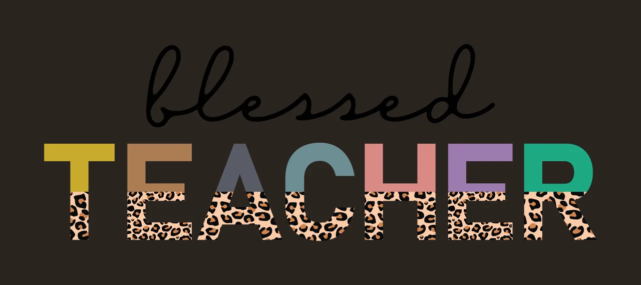 Blessed TEACHER Typography Design with black cursive 'blessed', multicolored block letters 'T E A C H E R' and leopard print pattern on bottom half of each letter in yellow and brown contrast preview thumbnail