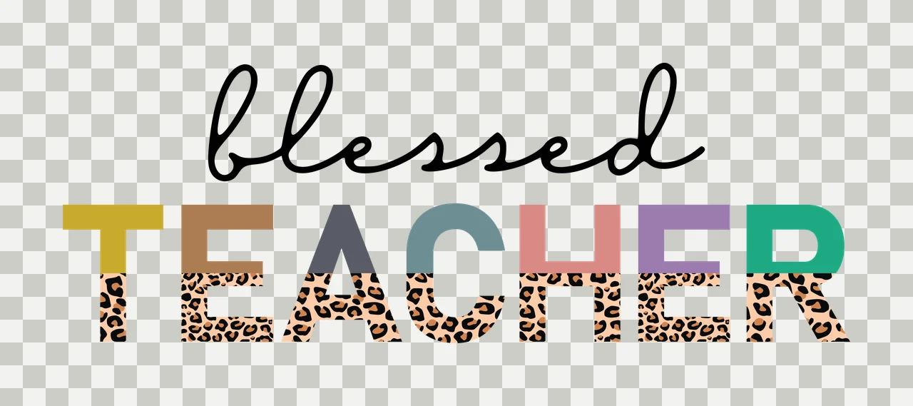 Blessed TEACHER Typography Design with black cursive 'blessed', multicolored block letters 'T E A C H E R' and leopard print pattern on bottom half of each letter in yellow and brown transparency and detail preview thumbnail