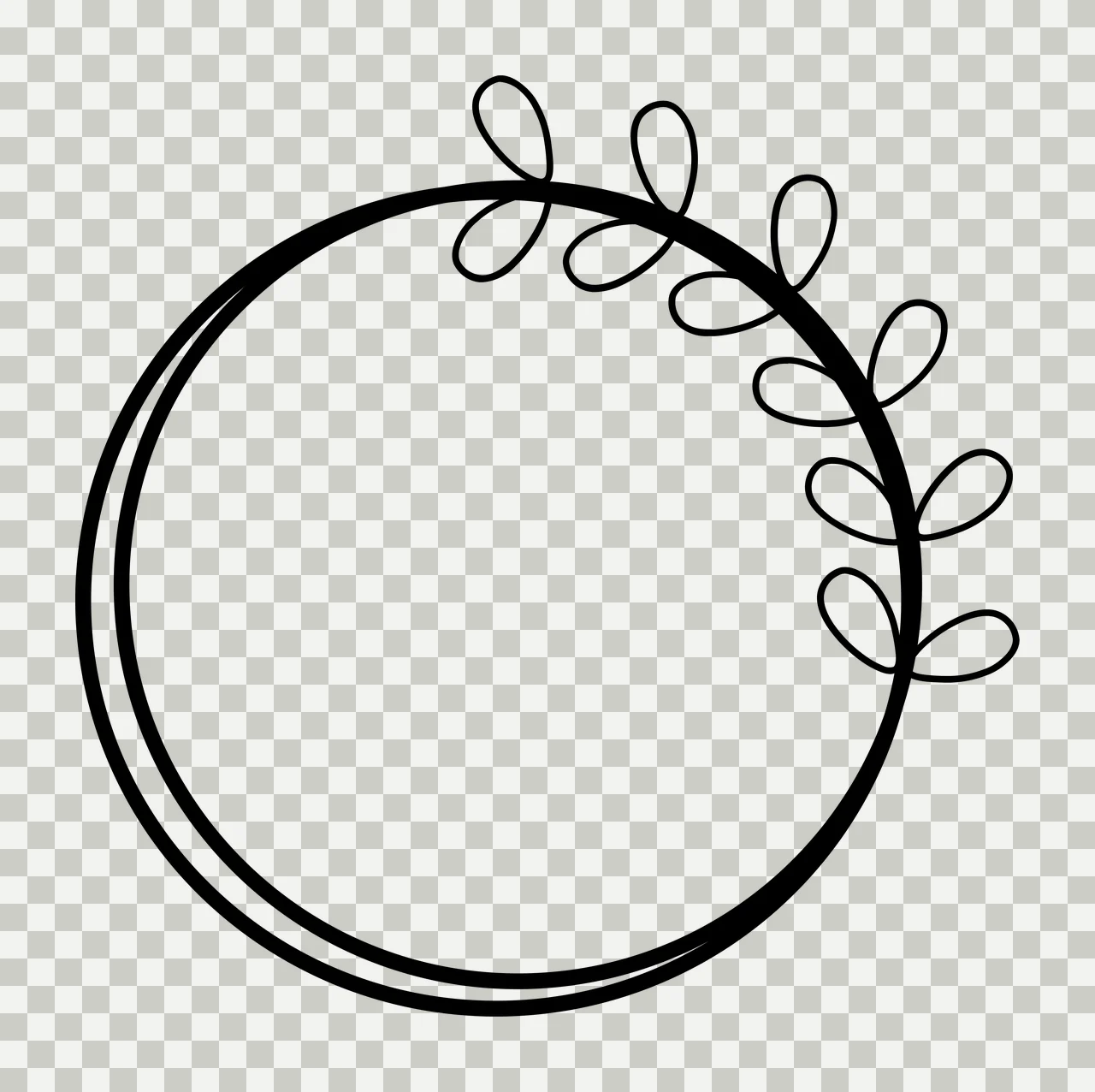 Line Art Illustration of circular frame with double circle, branch and leaves in black and white transparency and detail preview thumbnail