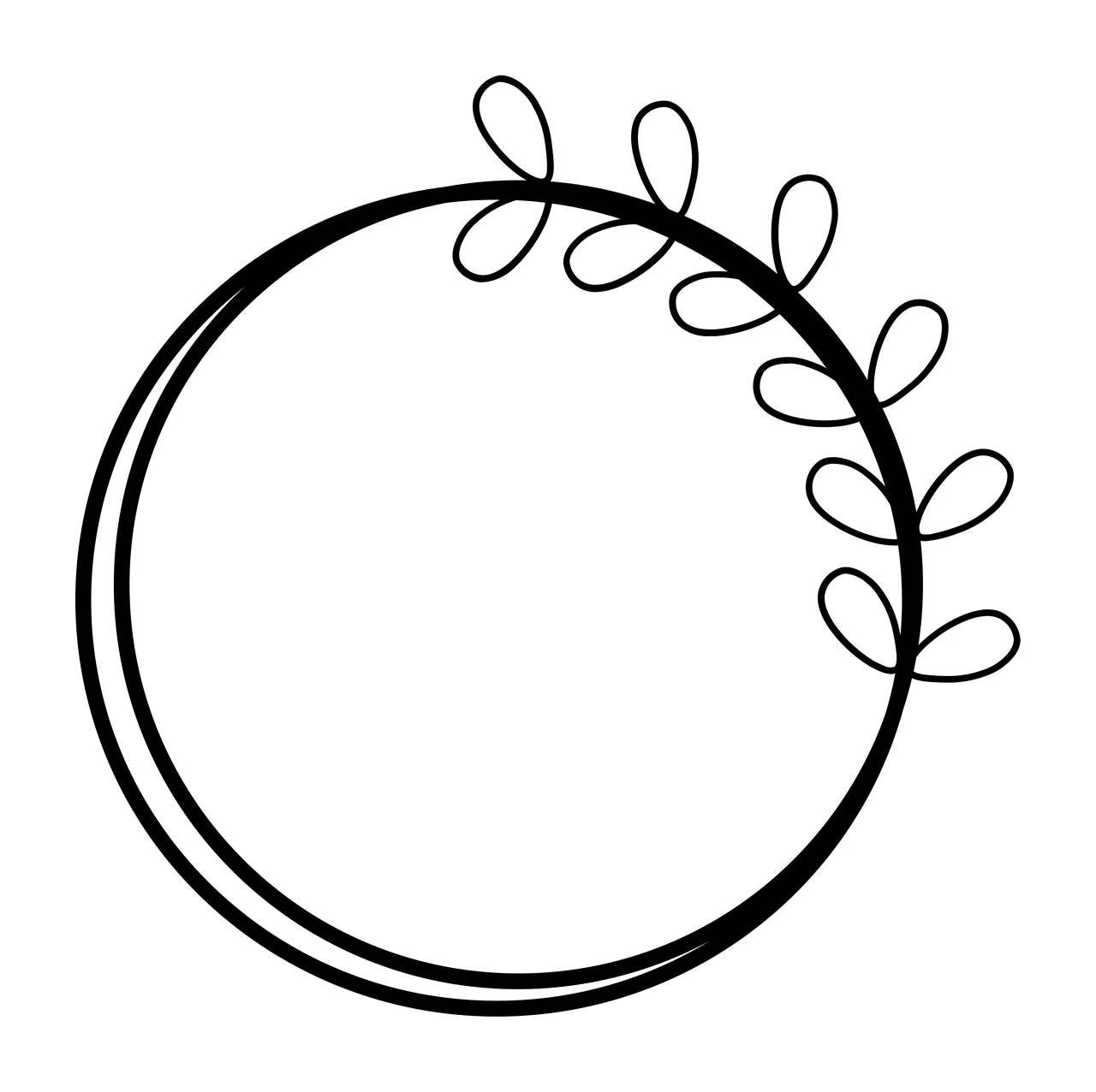 Line Art Illustration of circular frame with double circle, branch and leaves in black and white