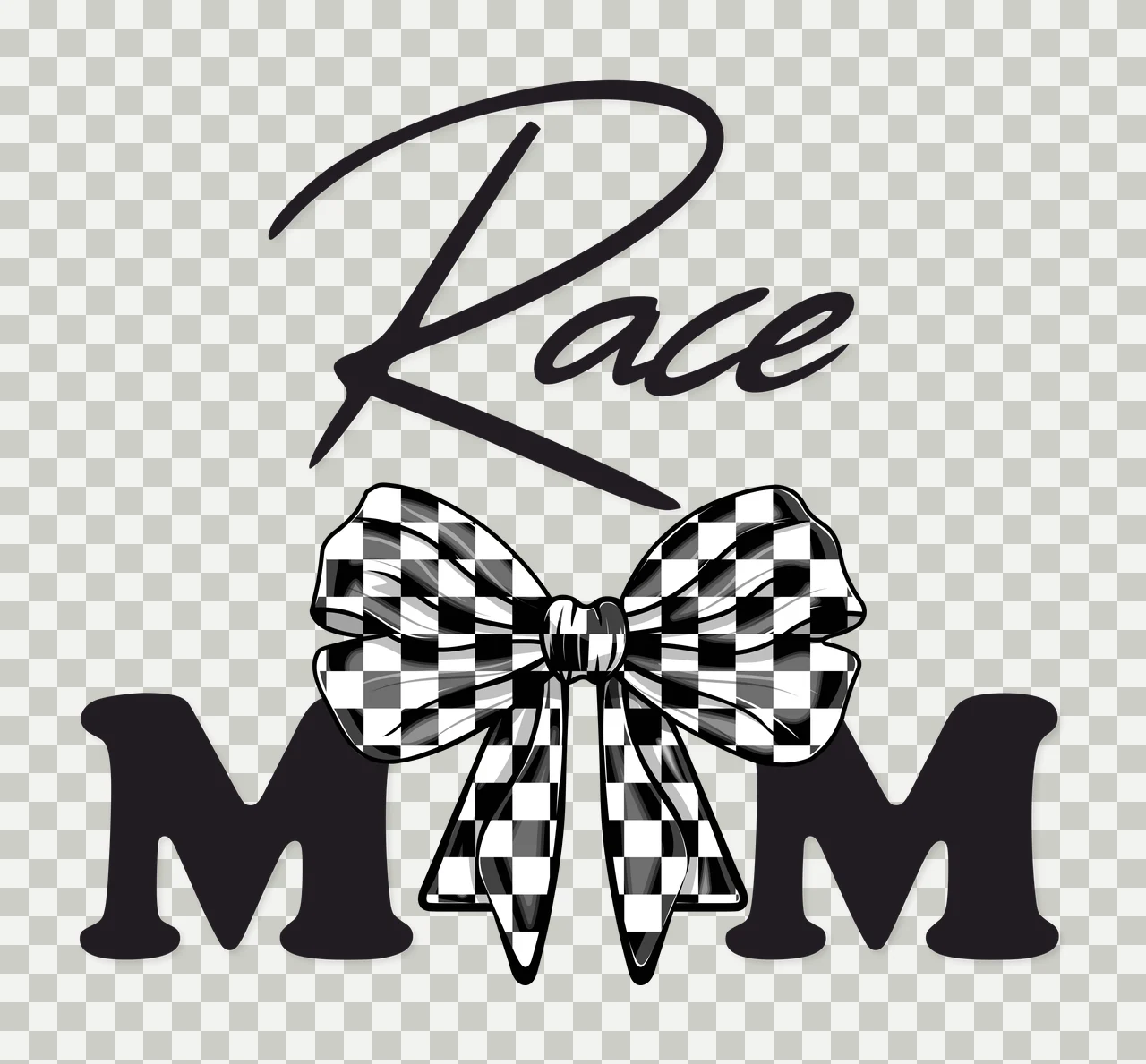 Race MOM Text with Central Bow Lettering Typographic Black and White Typography Label Ribbon Design transparency and detail preview thumbnail