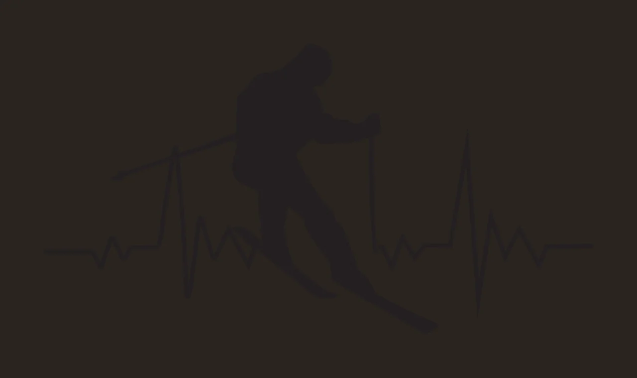 Skier silhouette with heartbeat line design with black skier silhouette, ski poles, skis and heart rate line in white contrast preview thumbnail