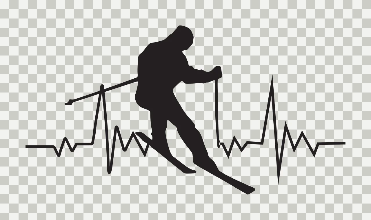 Skier silhouette with heartbeat line design with black skier silhouette, ski poles, skis and heart rate line in white transparency and detail preview thumbnail