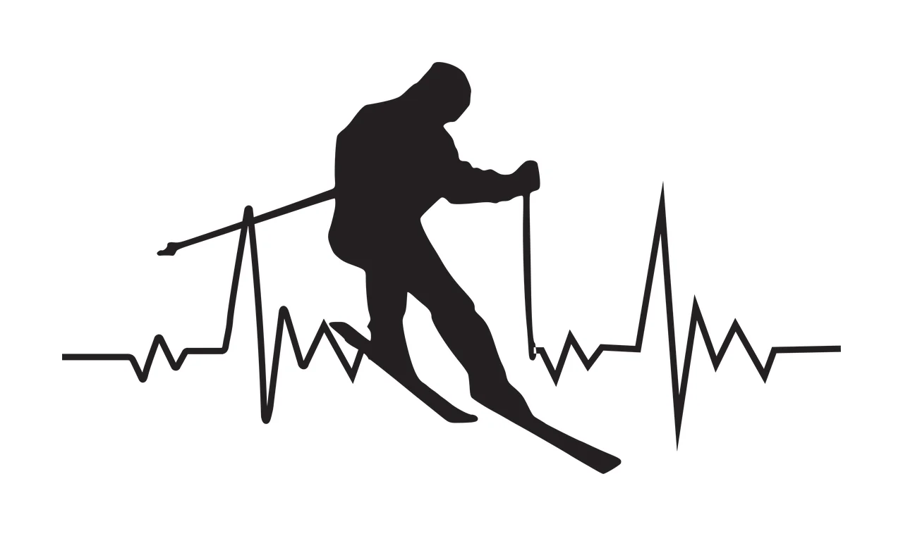 Skier silhouette with heartbeat line design with black skier silhouette, ski poles, skis and heart rate line in white