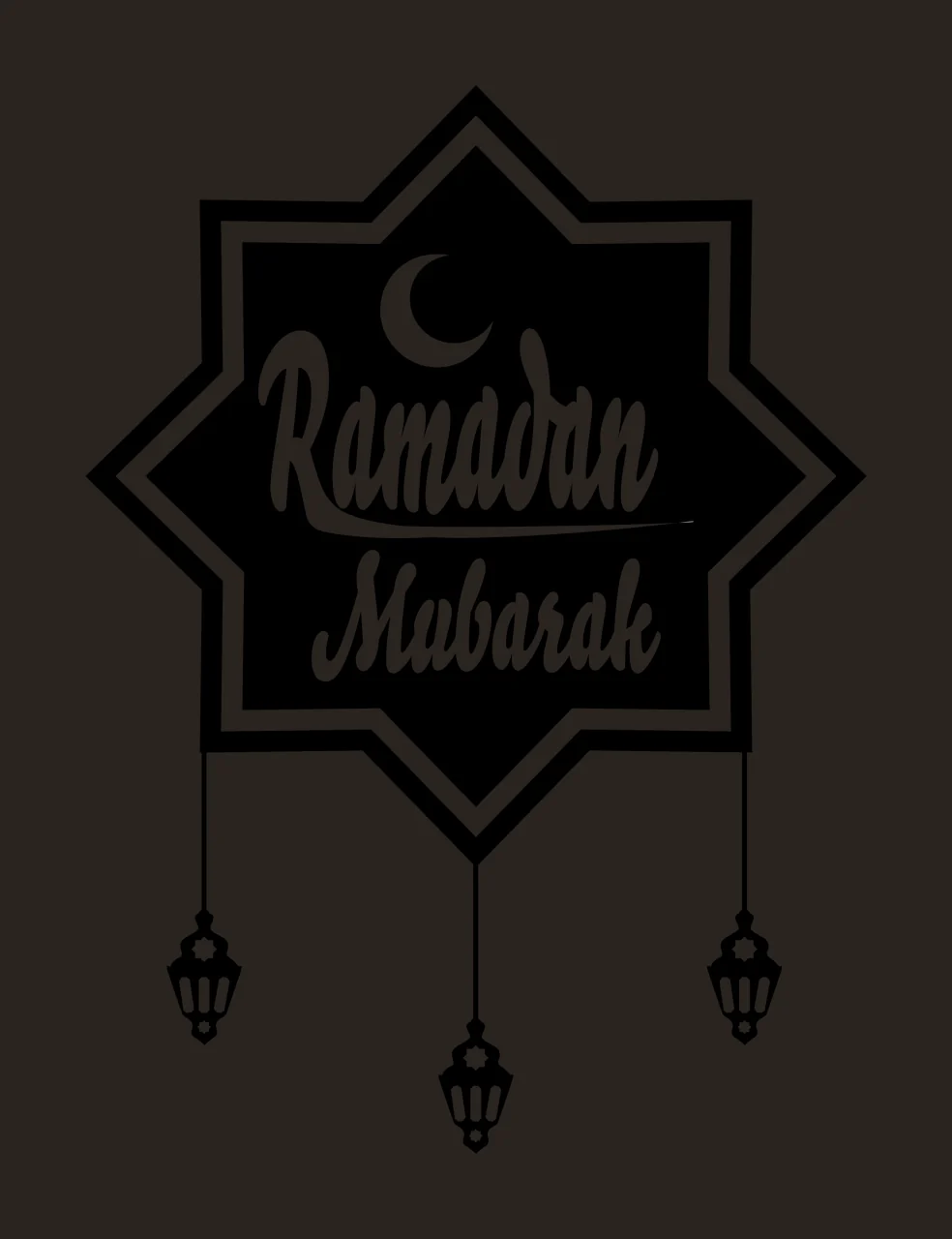 Ramadan Mubarak Typography Design with black star-shaped emblem with white border, white crescent moon, white cursive text 'Ramadan Mubarak' and three black hanging lanterns contrast preview thumbnail