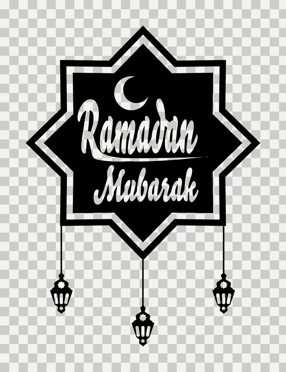 Ramadan Mubarak Typography Design with black star-shaped emblem with white border, white crescent moon, white cursive text 'Ramadan Mubarak' and three black hanging lanterns transparency and detail preview thumbnail