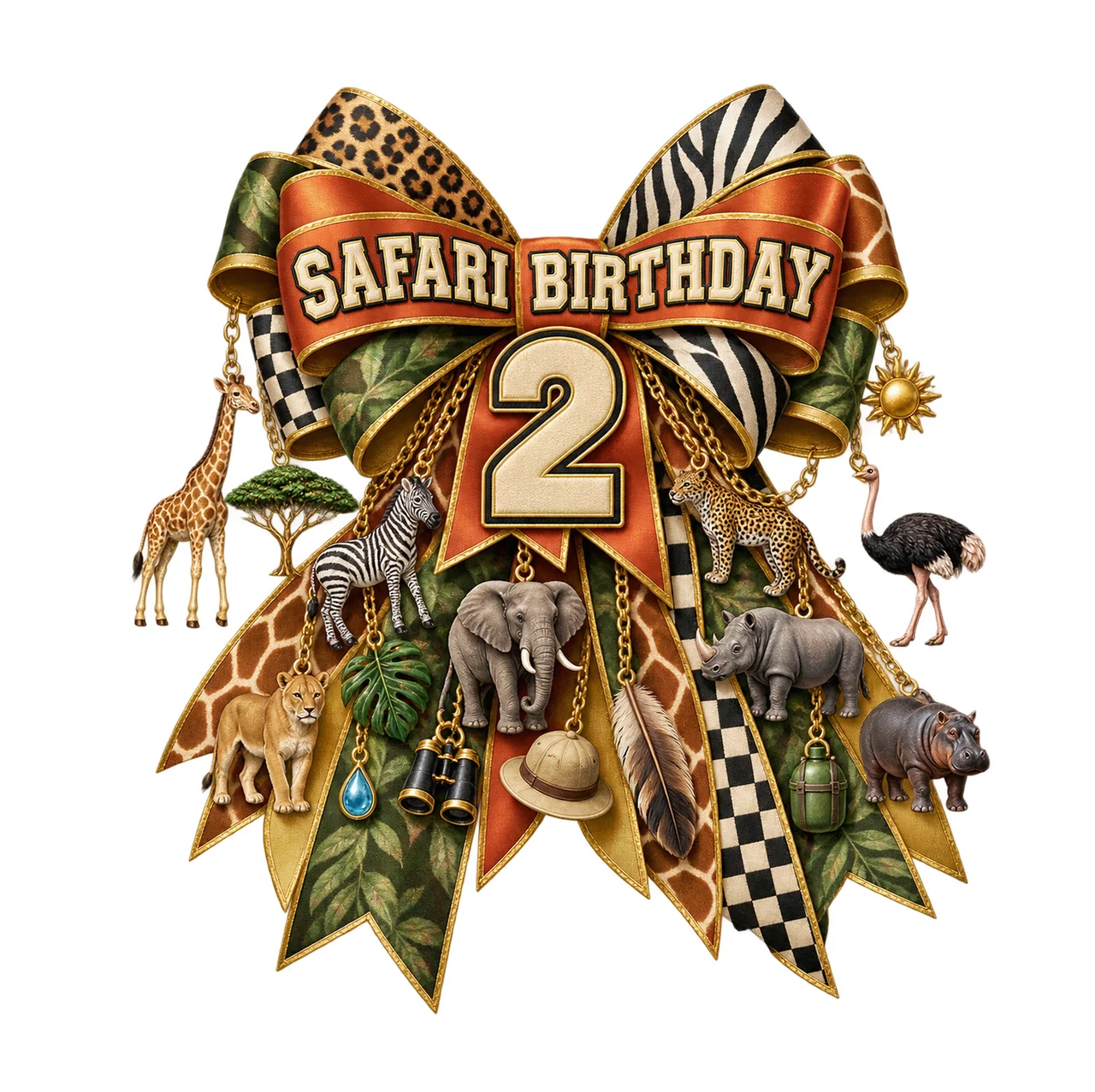 Safari Birthday 2 Bow Charm PNG, Jungle Animal Birthday Clipart, Transparent Sublimation Digital Download