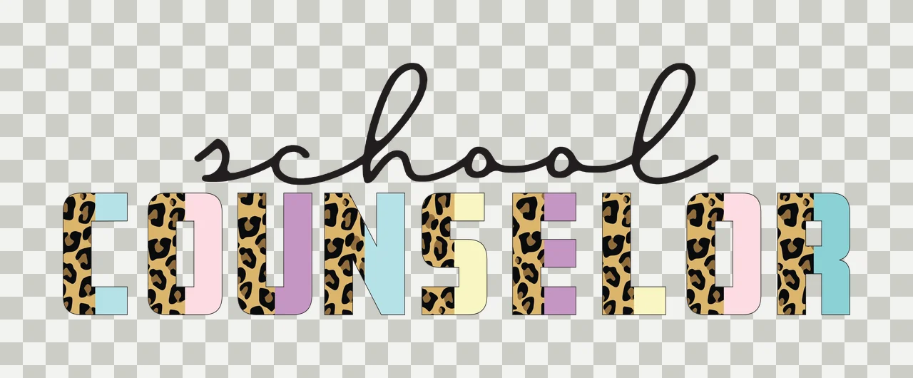 School COUNSELOR Typography Design with leopard print pattern, pastel-colored blocks, black cursive script and bold block letters in brown and light blue transparency and detail preview thumbnail