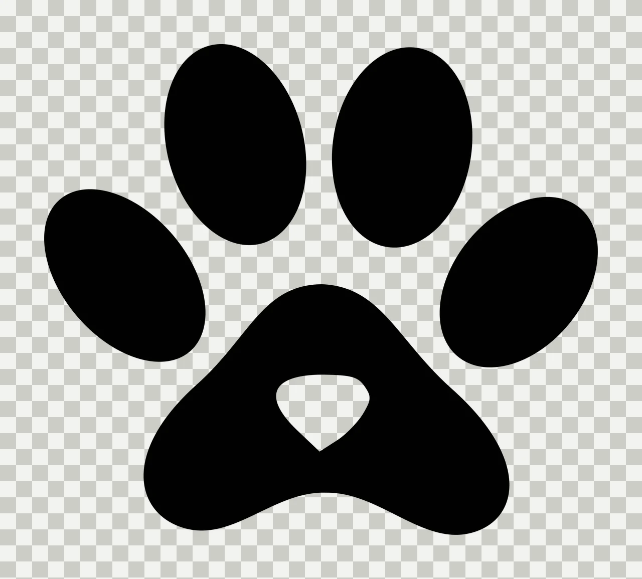 Paw print silhouette Illustration with black paw print and white heart-shaped pad transparency and detail preview thumbnail