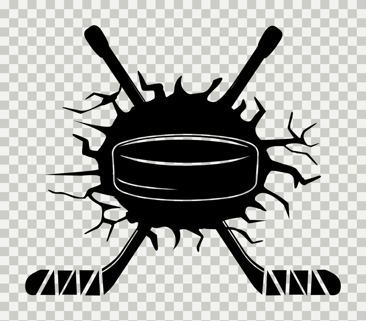 Silhouette Design of hockey puck and crossed hockey sticks with taped blade, cracked surface and impact hole in black and white transparency and detail preview thumbnail