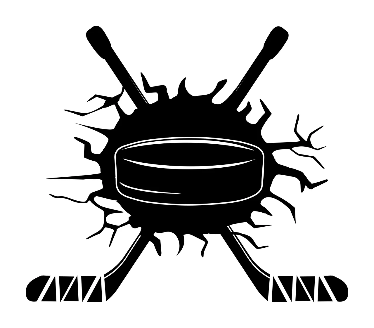Silhouette Design of hockey puck and crossed hockey sticks with taped blade, cracked surface and impact hole in black and white