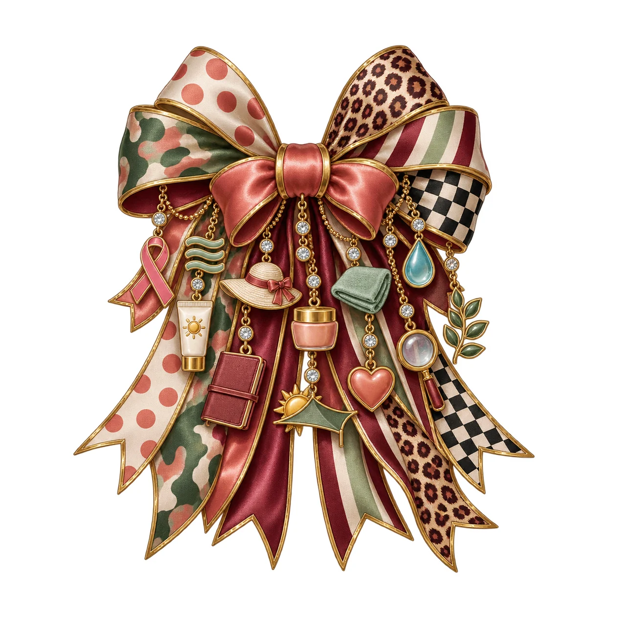 Rosacea Awareness Bow Charm PNG, Gold Chain Charms, Transparent Sublimation Design, Digital Download