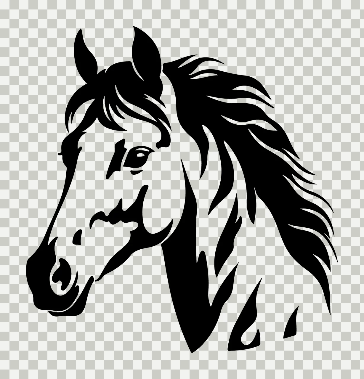 Horse Head Black Profile Illustration mane line art white animal transparency and detail preview thumbnail