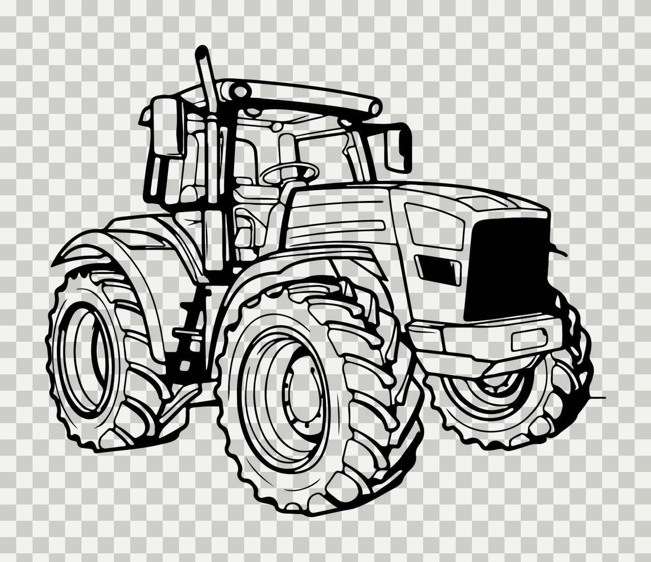 Black And White Modern Farm Tractor stationary wheels tires transparency and detail preview thumbnail