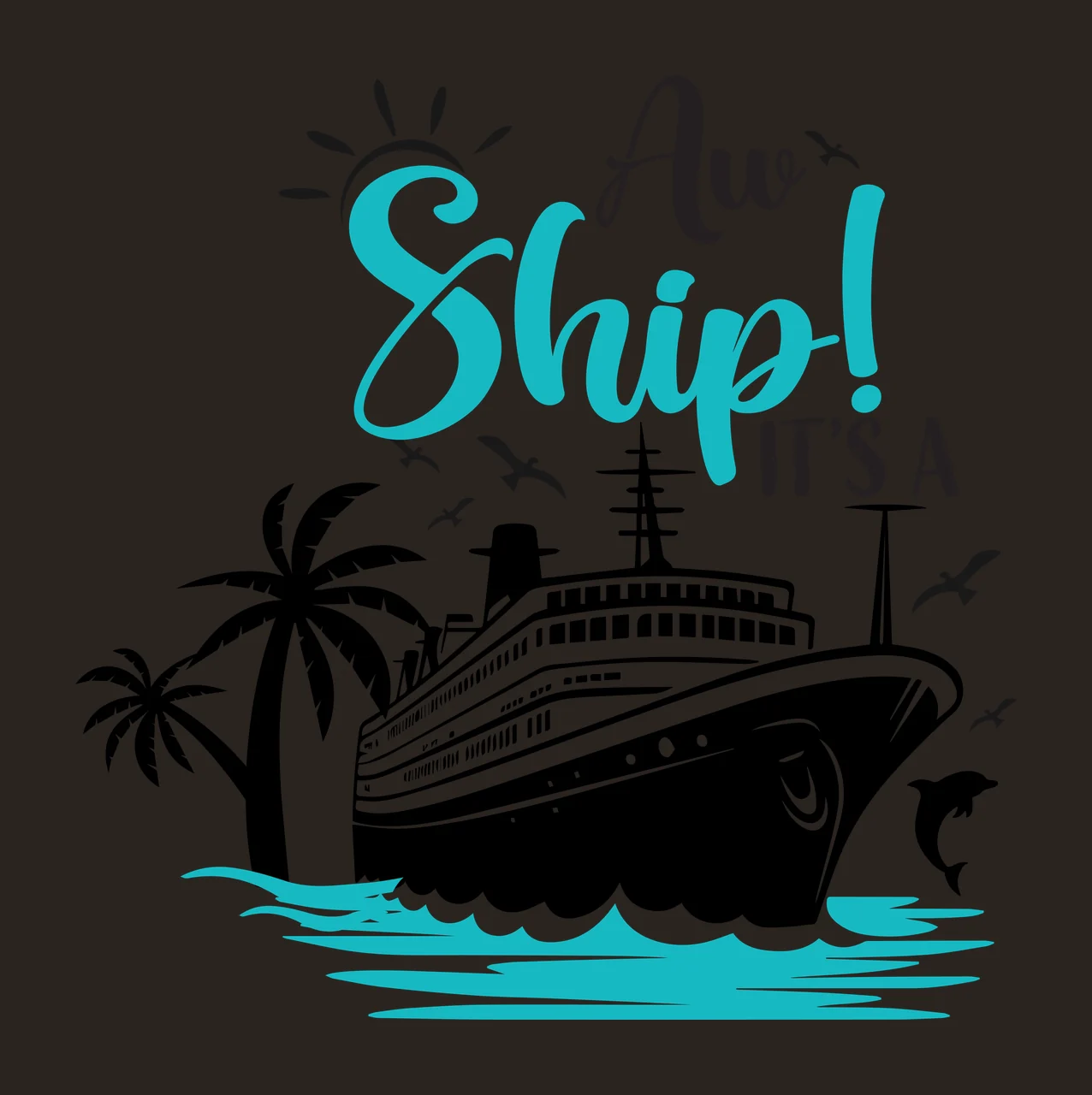Cruise Vessel Illustration floating palm trees birds dolphin contrast preview thumbnail