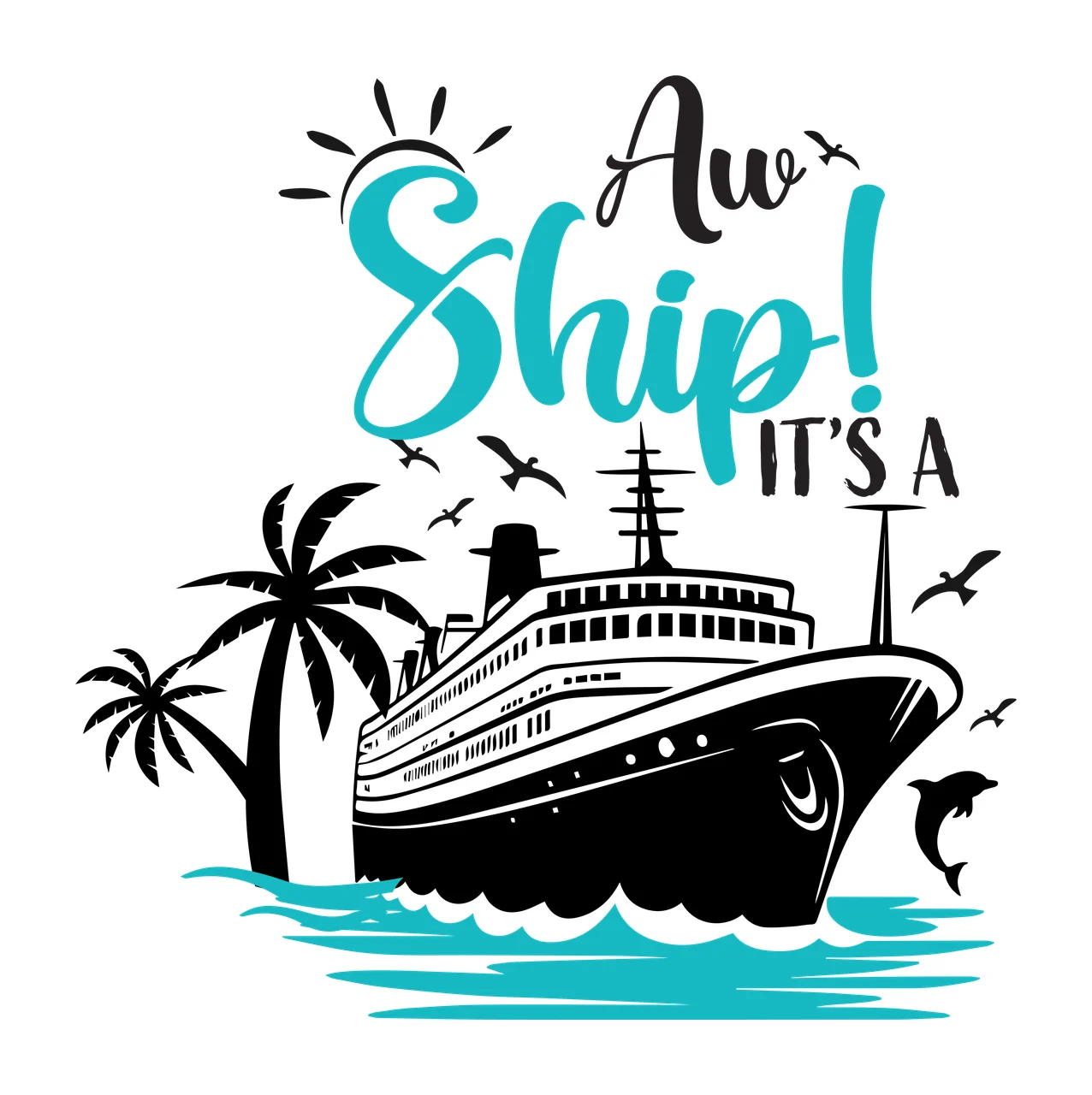 Cruise Vessel Illustration floating palm trees birds dolphin