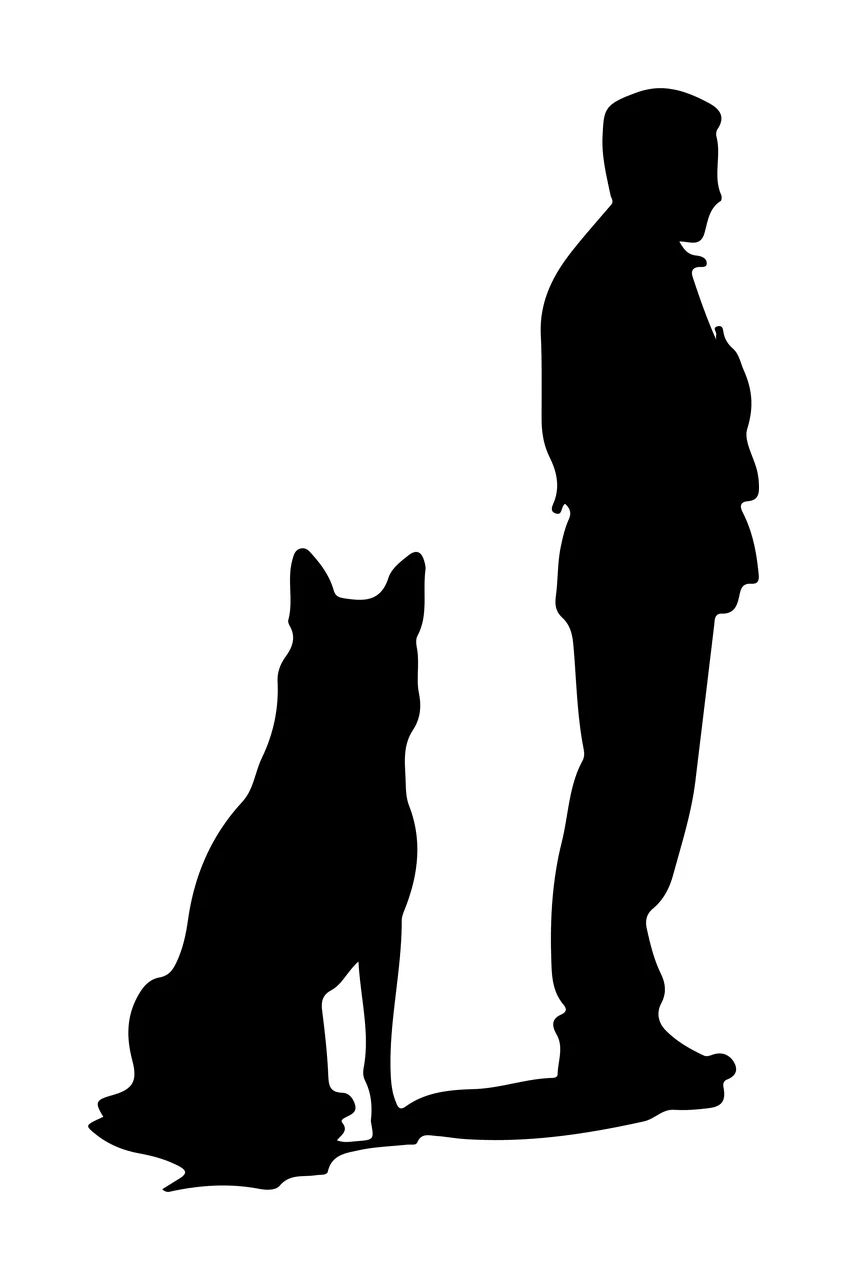 Dog Black Silhouette Of A Person Standing Beside and sitting