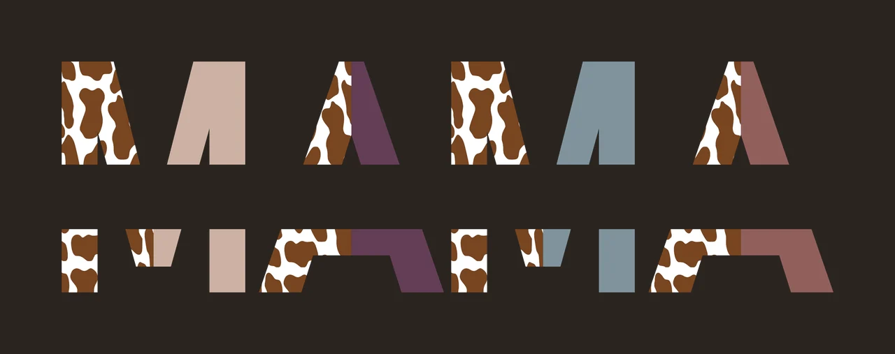 MAMA Typography Design with MAMA lettering, split font layout, cow print pattern and solid color blocks in white, brown and tan contrast preview thumbnail