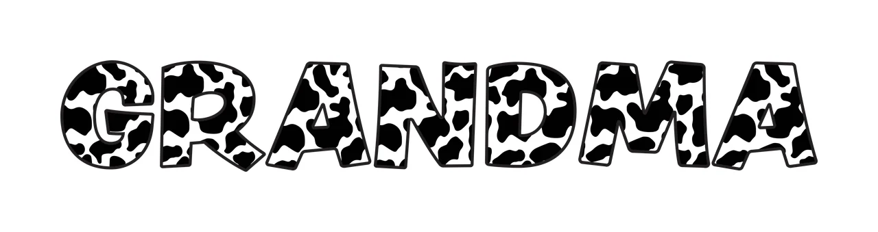 GRANDMA Typography Design with block letters, cow print pattern and black outlines in white