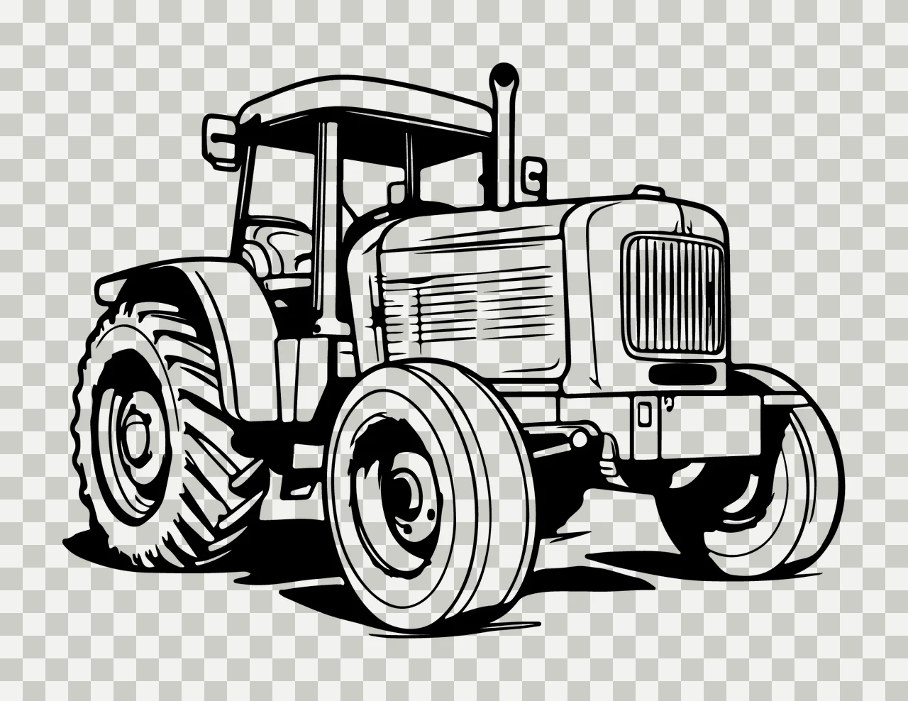 Black And White Tractor Illustration parked wheels exhaust pipe transparency and detail preview thumbnail