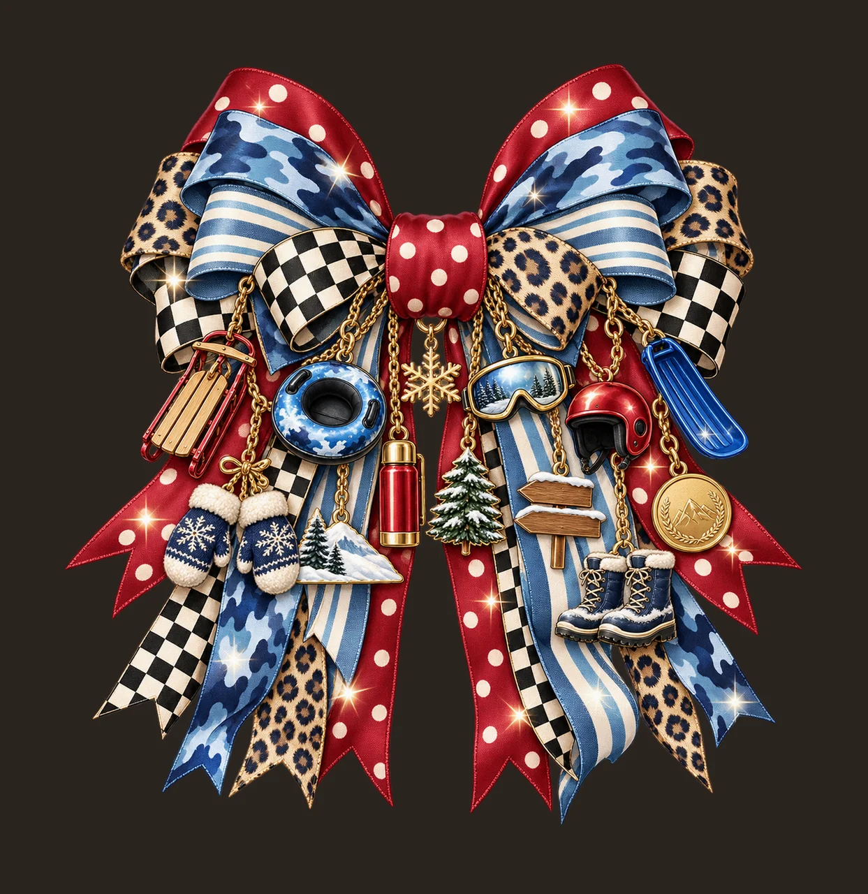 Sledding Lover Bow Charm PNG, Themed Gold Chain Charms, Coquette Ribbon Sublimation Design, Transparent Digital Download contrast preview thumbnail