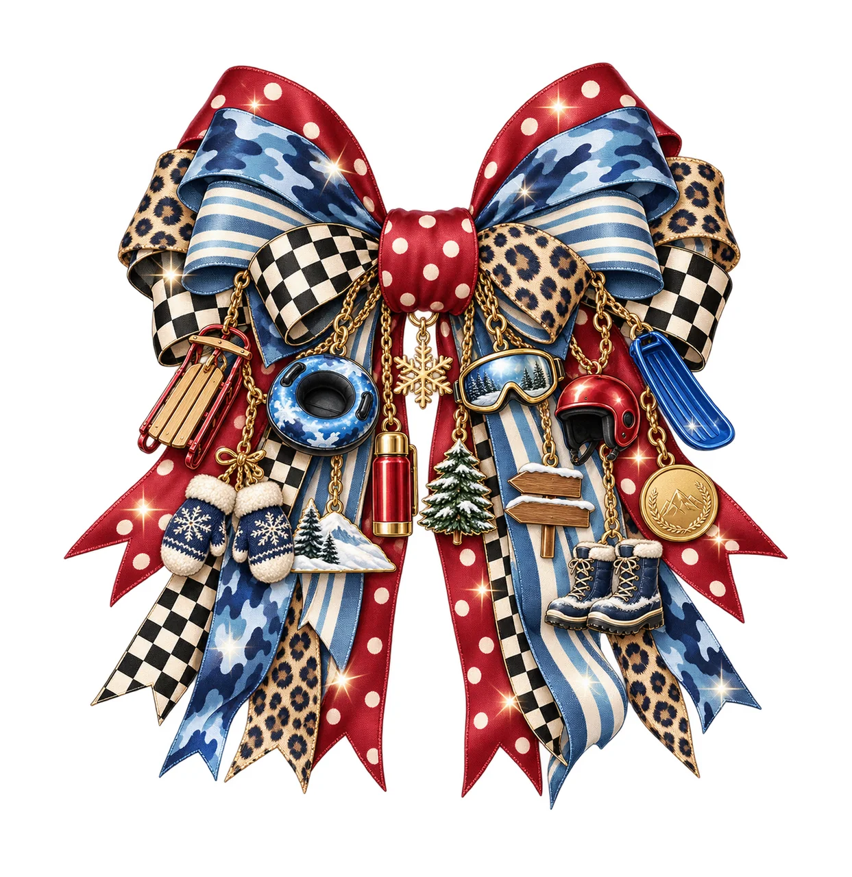 Sledding Lover Bow Charm PNG, Themed Gold Chain Charms, Coquette Ribbon Sublimation Design, Transparent Digital Download