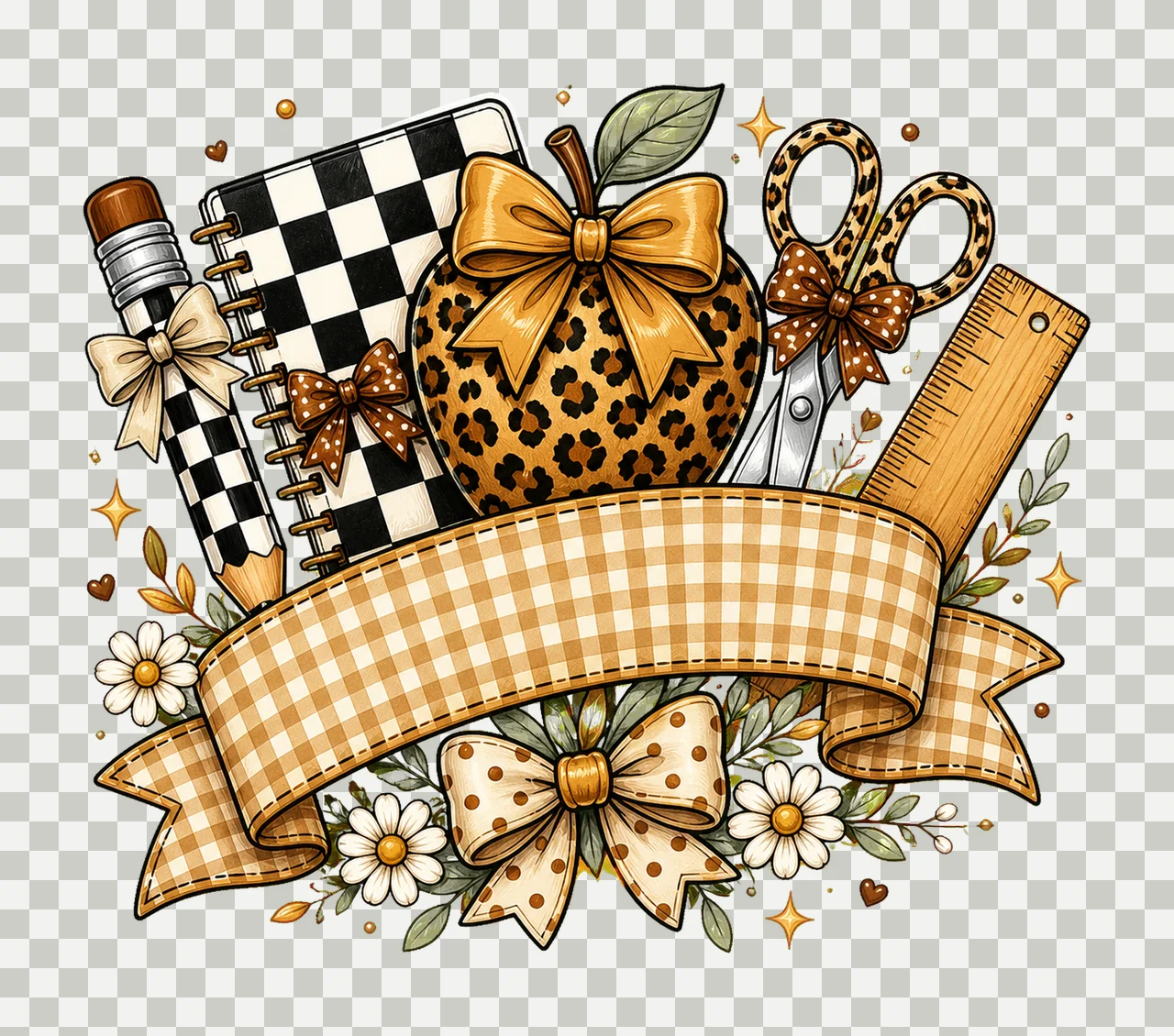 Leopard Print Stationery With Gingham Banner arrangement transparency and detail preview thumbnail