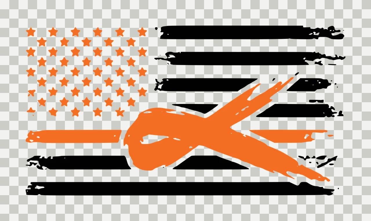 Distressed American flag design with orange awareness ribbon with orange stars and black and white stripes transparency and detail preview thumbnail
