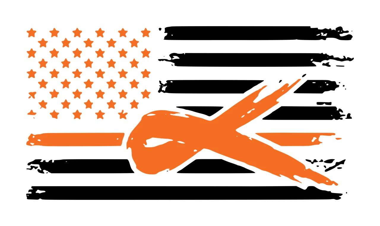 Distressed American flag design with orange awareness ribbon with orange stars and black and white stripes