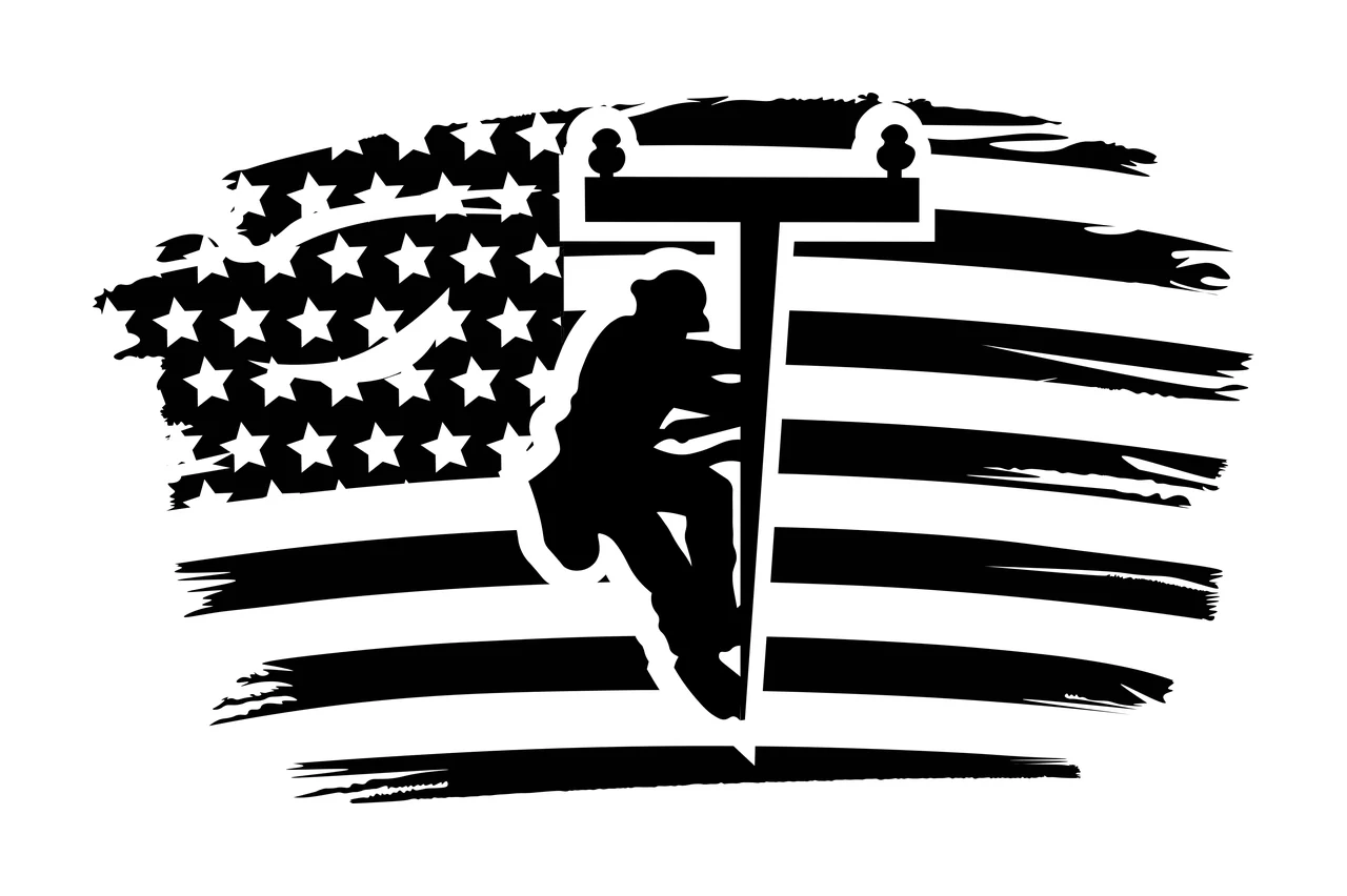 Lineman silhouette Illustration with utility pole, American flag, stars and stripes in black and white