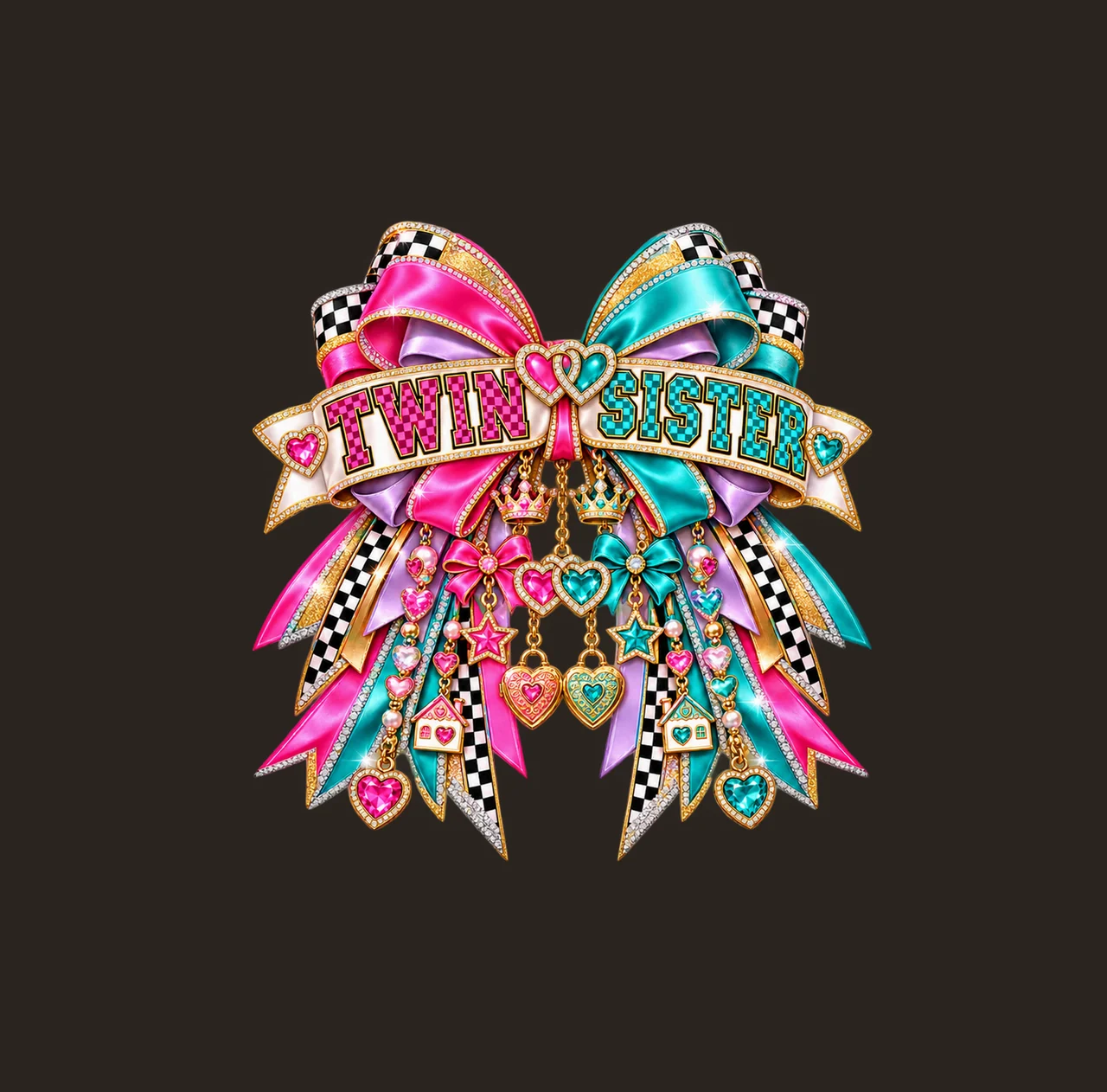 Twin Sister Bow Charm PNG, Patterned Coquette Bow Clipart, Transparent Sublimation Digital Download contrast preview thumbnail