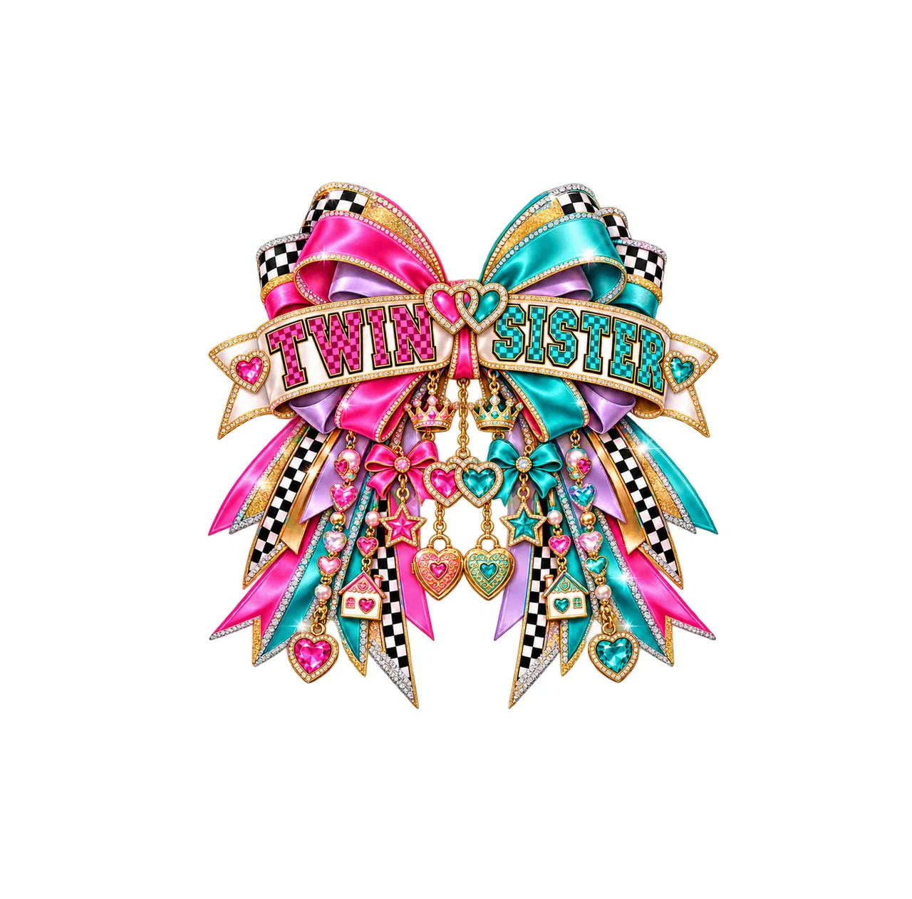 Twin Sister Bow Charm PNG, Patterned Coquette Bow Clipart, Transparent Sublimation Digital Download