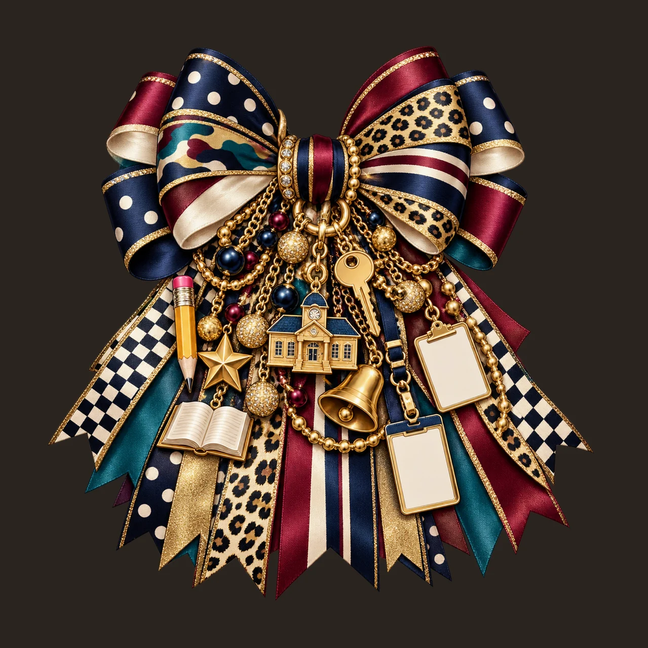 School Principal Bow Charm PNG, Themed Gold Chain Charms, Coquette Ribbon Sublimation Design, Transparent Digital Download contrast preview thumbnail