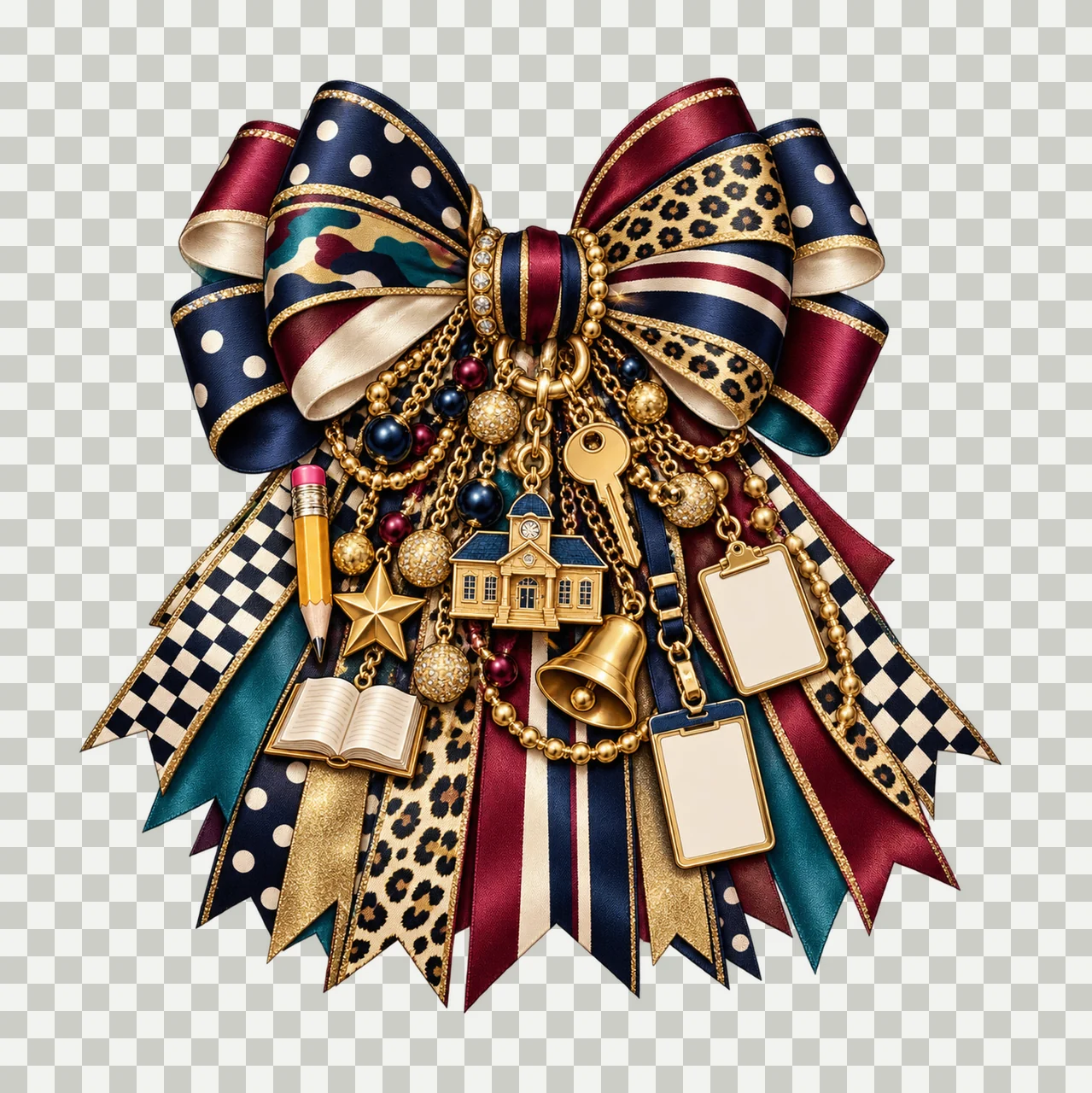 School Principal Bow Charm PNG, Themed Gold Chain Charms, Coquette Ribbon Sublimation Design, Transparent Digital Download transparency and detail preview thumbnail