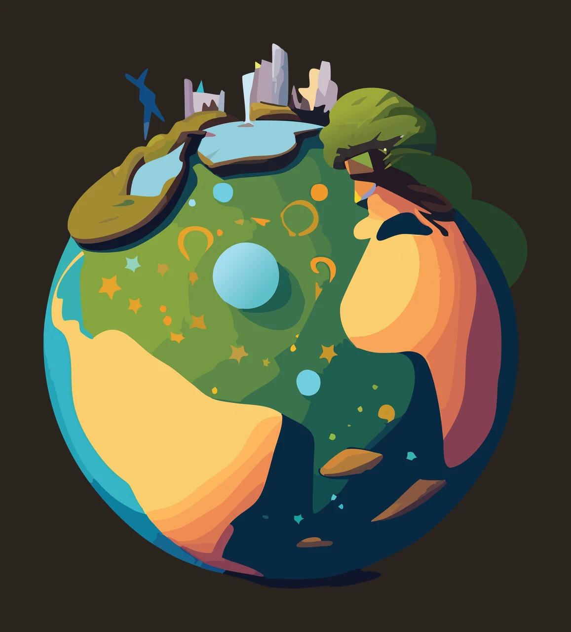 Stylized Globe With Miniature Buildings floating towers silhouette contrast preview thumbnail